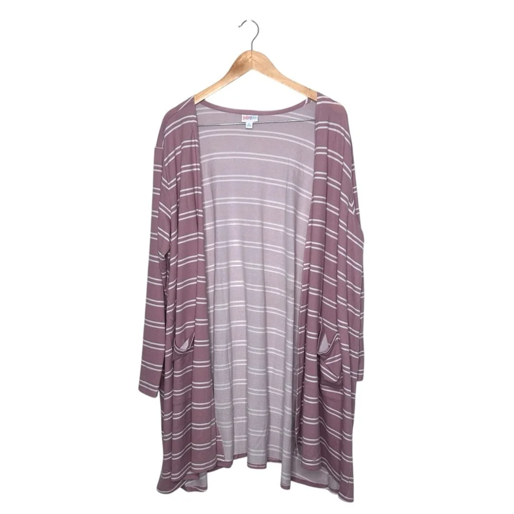 LuLaRoe Light Pink Mauve White Stripe Caroline Longline Cardigan Pockets XL